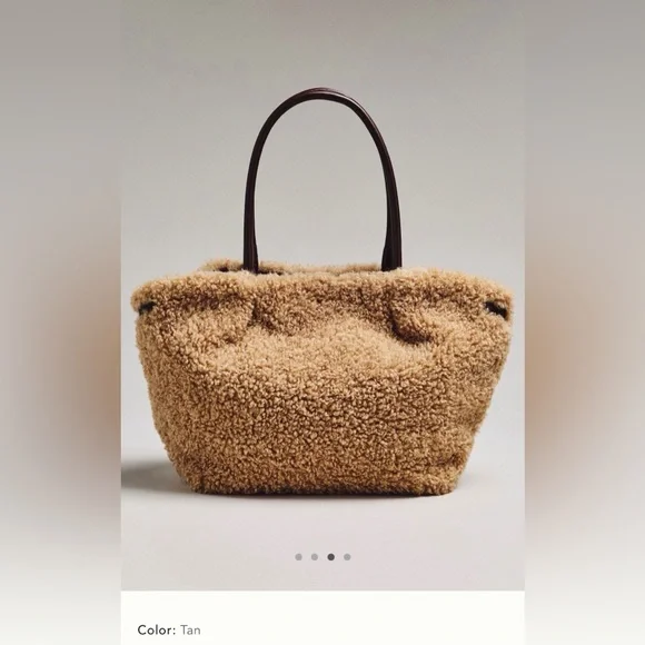 New Anthropologie Sherpa belted tote bag crossbody purse tan brown satchel - Picture 8 of 15